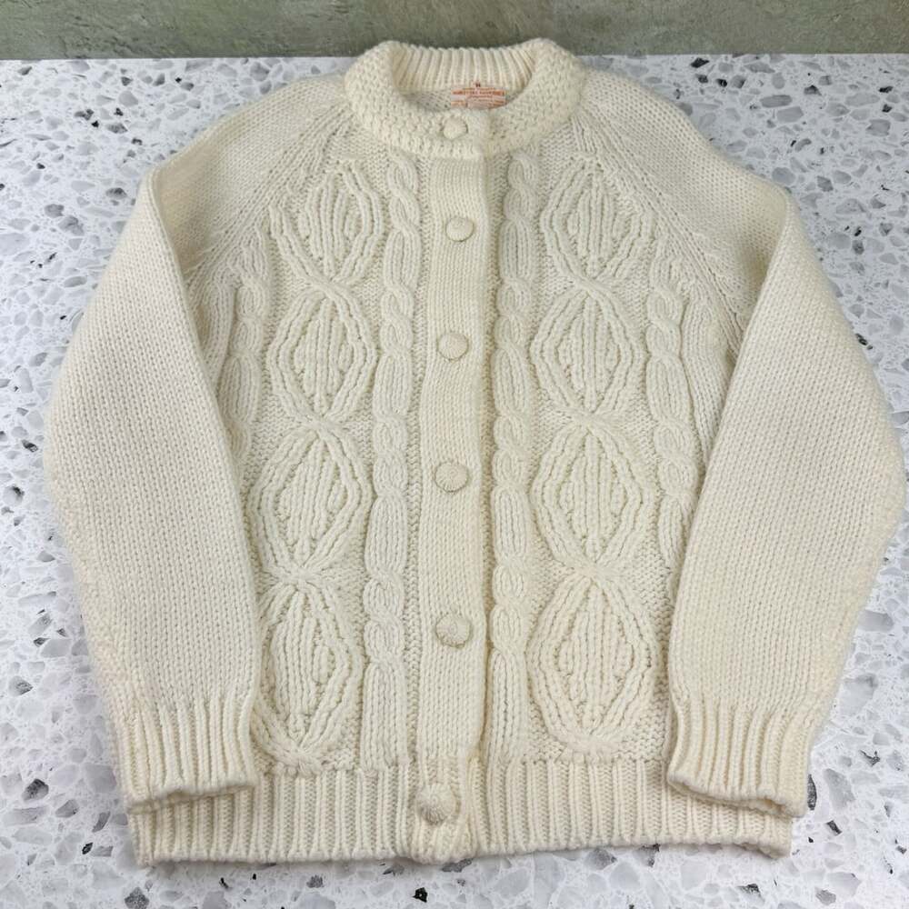 Vintage Hand Loomed Cable Knit Cardigan Sweater Cream Ivory Button Up Size M